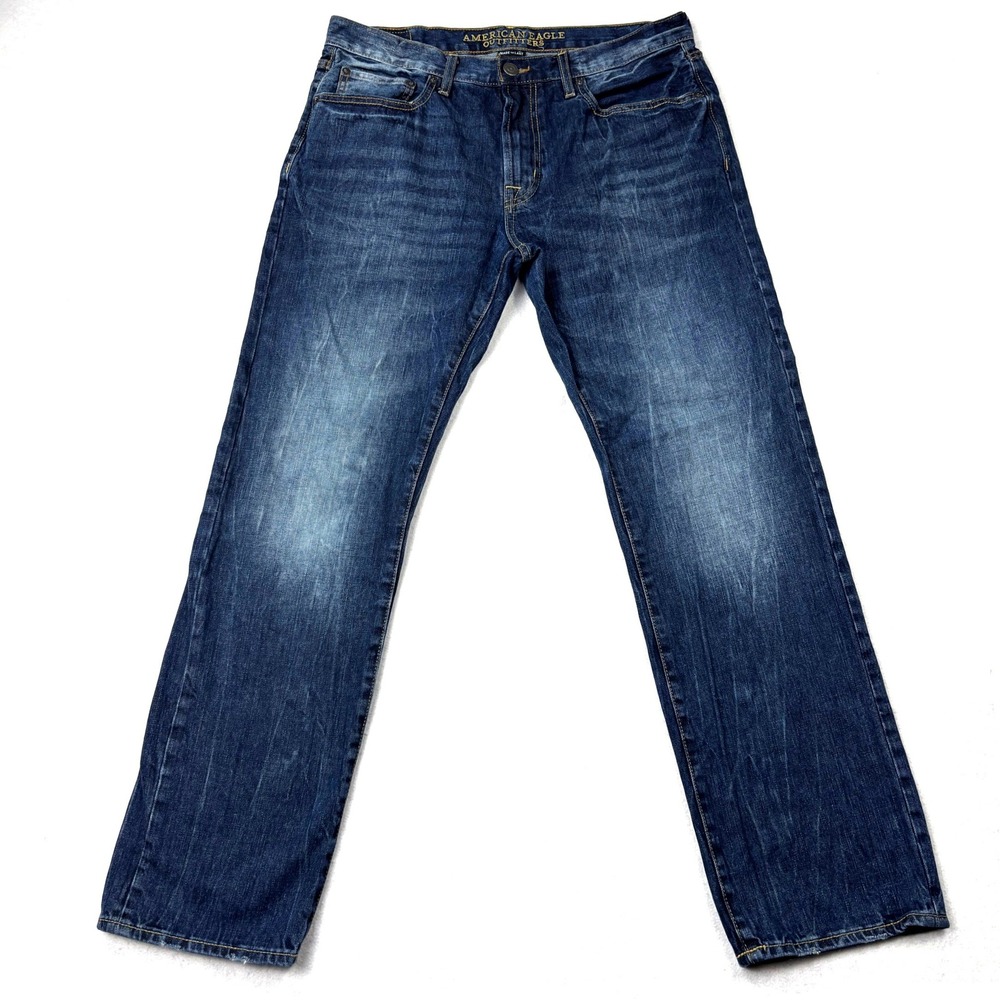 American Eagle Slim Straight Jeans Mens 34x32 Dark Indigo Whiskered Cotton Denim